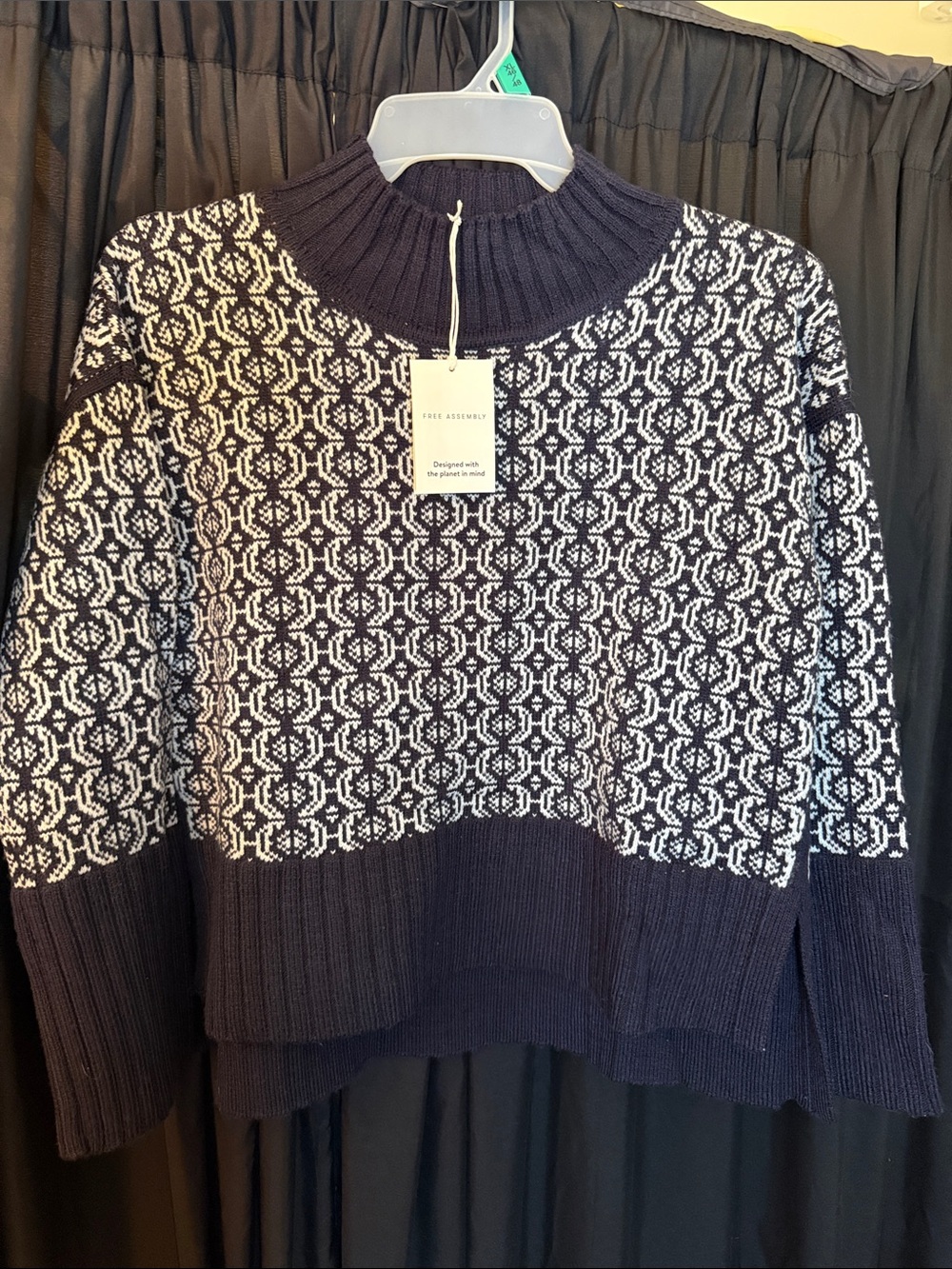 Free Assembly Patterned Navy and White Funnel Neck Sweater